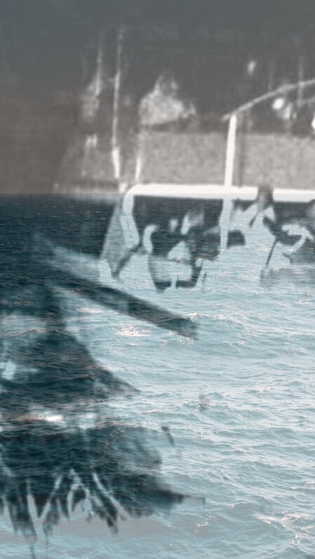 A composite image: the foreground shows a small yacht speeding away; the background shows a darkened image of the sea and the horizon.