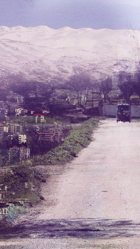 A composite image of women riding a motorcycle through agricultural fields in Central Bekaa and a snowy mountain range. 