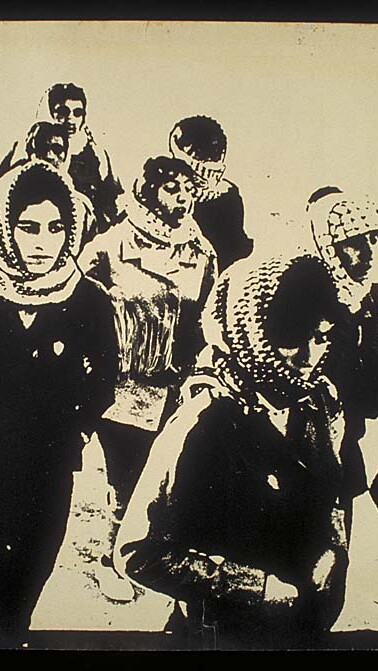 A silkscreen of three rows of 4 to 6 keffiyeh-adorned women marching together.
