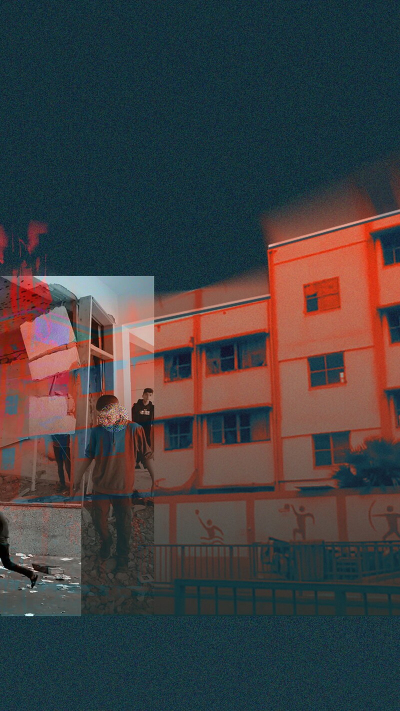 A composite image of children against the background of schools and destruction.