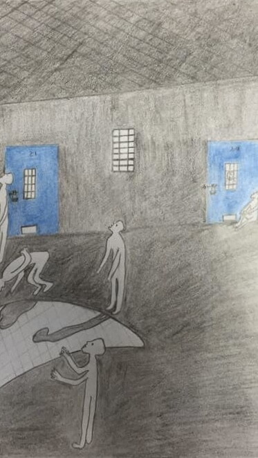 A pencil drawing of Palestinian prisoners under the moonlight, looking up at the moon in awe, and at its glow/reflection on the ground near them.