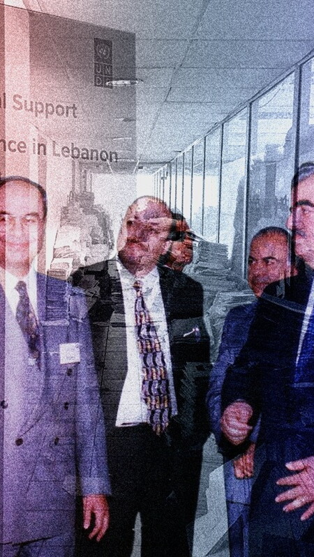 A composite photo. A group of five men in suits are huddled together in the foreground deep in discussion. In the background is a hallway with stacks of loose papers, merged with a large poster that reads: "UNDP's Technical Support to the Ministry of Finance in Lebanon: Closing Event."