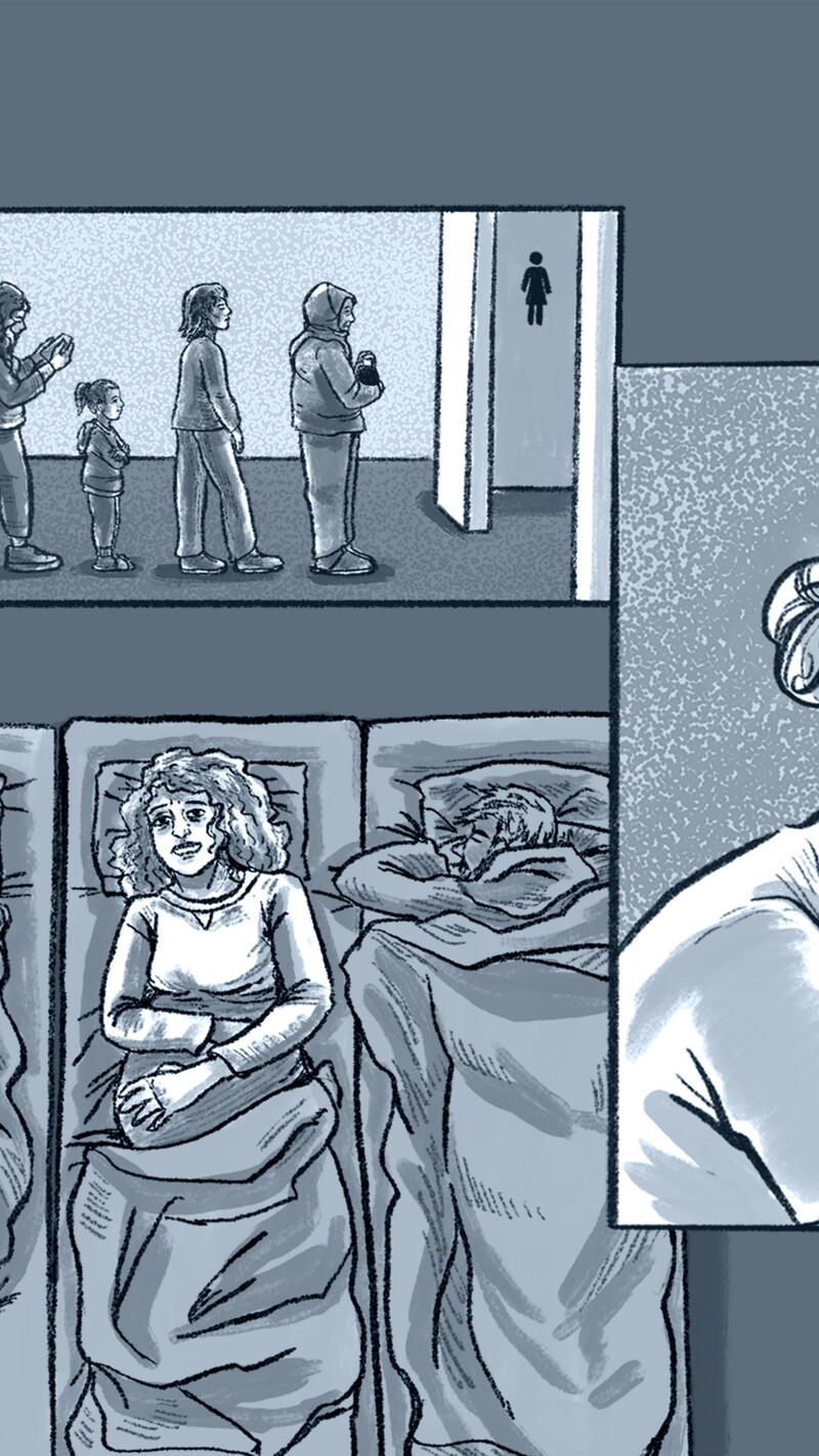 A collection of illustrations of midwives and pregnant women; someone putting their ear to a pregnant abdomen, someone else carrying a baby, another person shown to be awake in bed.