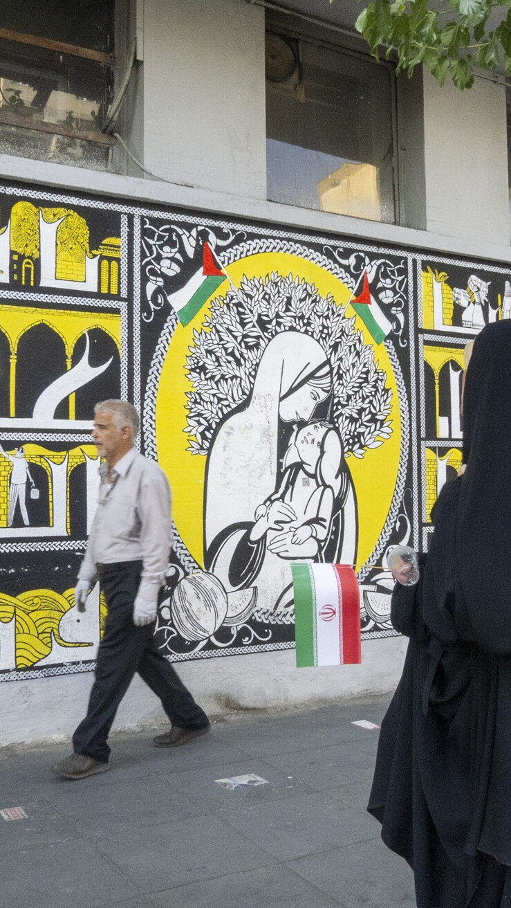 A side-view shot of a woman in holding a small Iranian flag as she walks along a city sidewalk. In the background, a man walks past a long, vibrant mural. The mural displays intricate illustrations, small Palestinian flags, and a central portrait of a mother cradling a child.