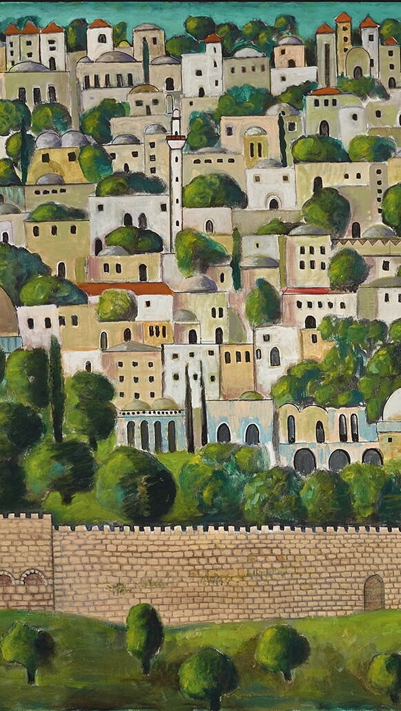 A stylized landscape painting depicting the Old City of Jerusalem. At the bottom of the frame, a green hill with scattered trees sits in front of a long, light-brown stone wall with arched gateways and battlements stretching horizontally across. Behind the wall, a dense cityscape: beige stone buildings with flat roofs, arched windows, domes, and slender minarets cluster tightly together. Dark green cypress and rounded trees are tightly woven between the buildings. The top is a vibrant turquoise sky.