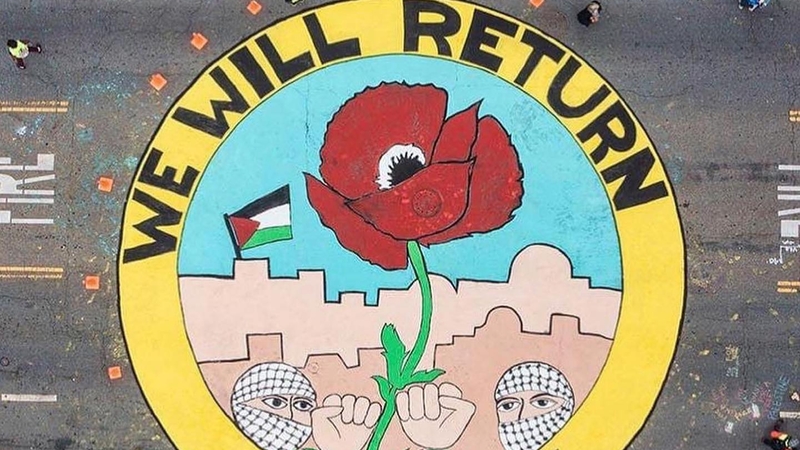 Members of the Palestinian Youth Movement paint a mural in San Francisco asserting their right of return ahead of Nakba Day. It reads "We Will Return" in English and Arabic. California, USA. May 17, 2021. (Source: Chris Gazaleh)