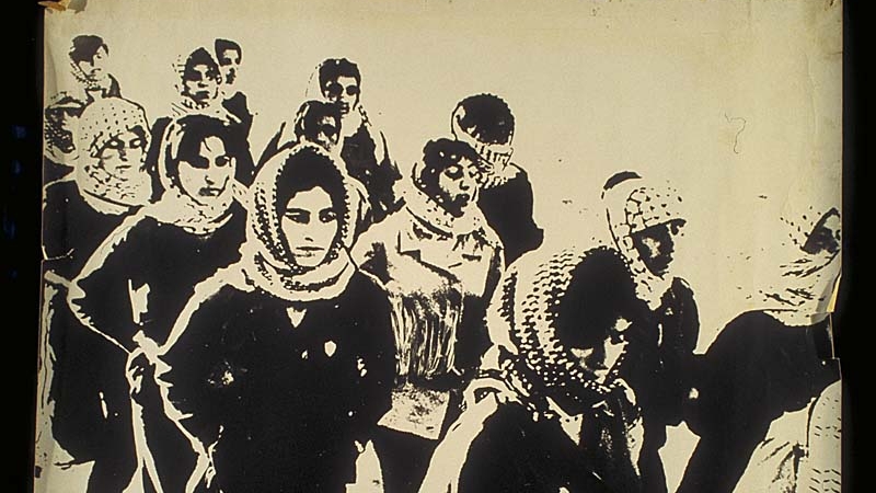 A silkscreen of three rows of 4 to 6 keffiyeh-adorned women marching together.