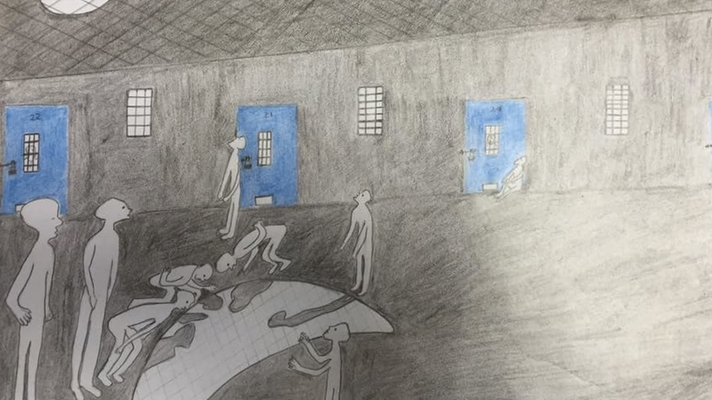 A pencil drawing of Palestinian prisoners under the moonlight, looking up at the moon in awe, and at its glow/reflection on the ground near them.