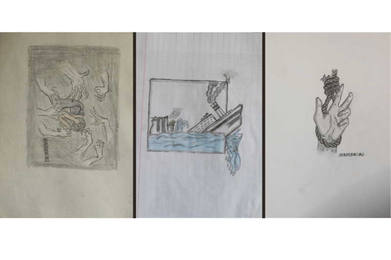 A photo collage of three undated drawings by Hashem Mthlej. The first shows a man hiding his face from distorted hands. The second shows a sinking boat next to silos on fire. The third shows a hand trapped in a noose. 