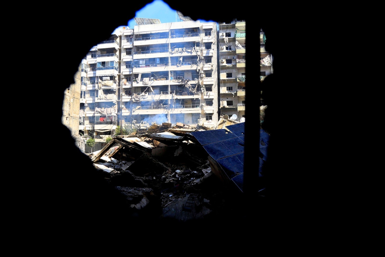 A view of a battered Dahieh seen from inside a building