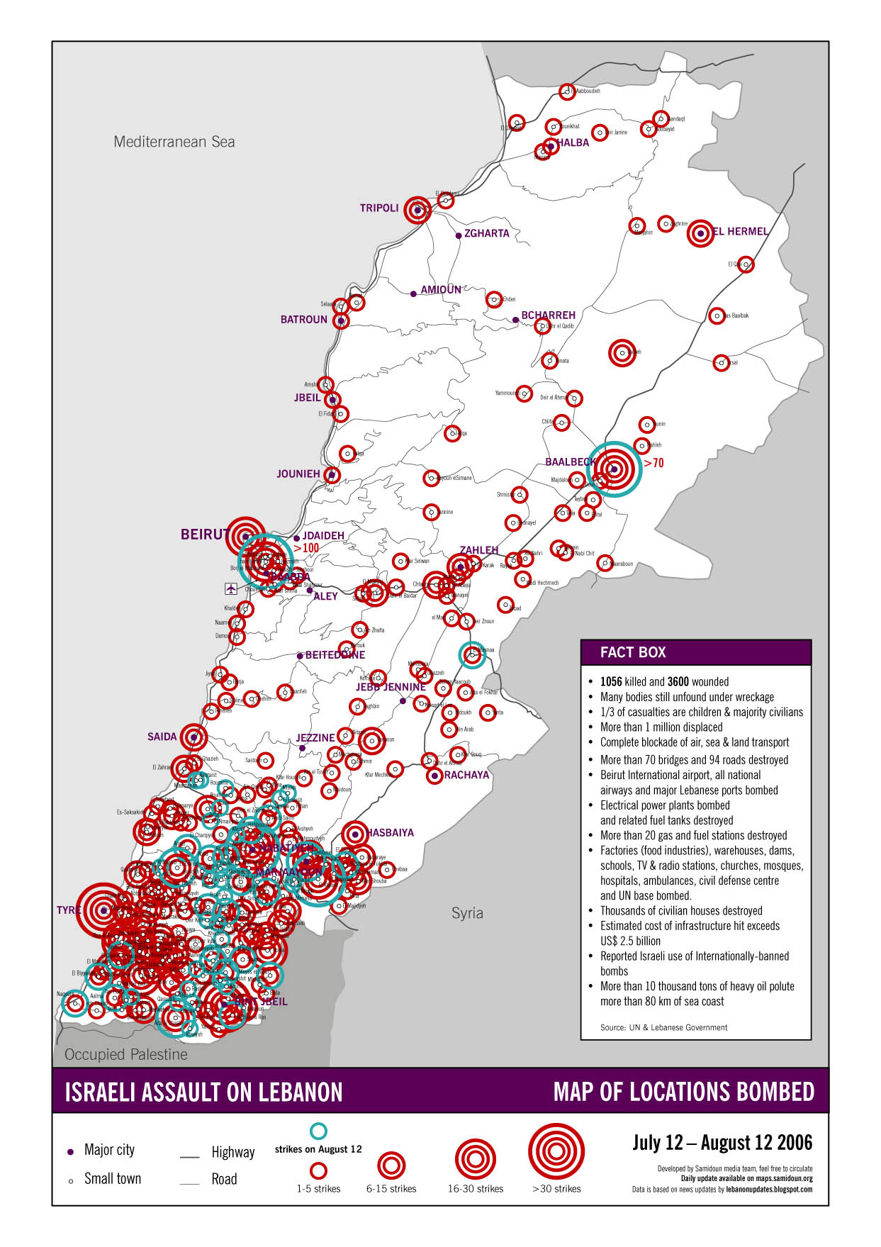A map illustrating the Israeli state's assault on Lebanon on August 12, 2006.