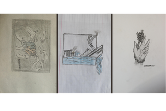 A photo collage of three undated drawings by Hashem Mthlej. The first shows a man hiding his face from distorted hands. The second shows a sinking boat next to silos on fire. The third shows a hand trapped in a noose. 