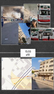 The Palestinian Ministry of Health/Gaza published another video documenting three close attacks that happened only seconds apart, one of which was a direct attack on a car parked to the side of the ambulance, damaging it and injuring two ambulance crew members, who appeared at the end of the previous video. “I have an injury in my leg,” said one of the ambulance crew members in the video, before pointing the camera to show a colleague’s head injury. By analyzing shadows in one of the shots, we can estimate 