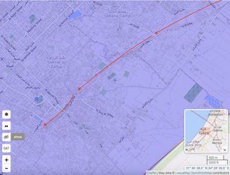 A screenshot of a Liveuamap map of Gaza City showing part of Salah al-Din Street. Red arrows: direction of civilian movement towards the south via Salah al-Din Street. Screenshot taken in October 2023