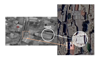 Satellite imagery of the building reportedly targeted by the Israeli military (red and black circle).