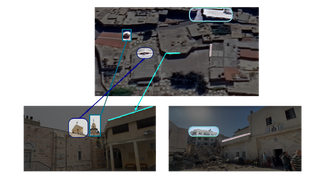 The minaret of a mosque, the impacted Church buildings, and the building that the Israeli military claimed to attack.