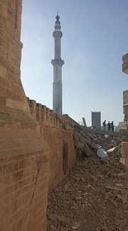 A photo of the Al Omari mosque minaret.