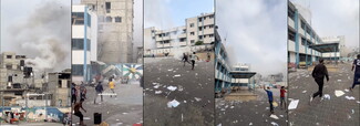 Screenshots from a journalist's video showing phosphorus bombs falling in a school in Gaza.