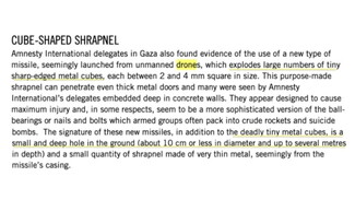 Screenshot from an Amnesty international report documenting the use of a specific kind of ammunition by Israeli unmanned aerial vehicles in the war on Gaza.