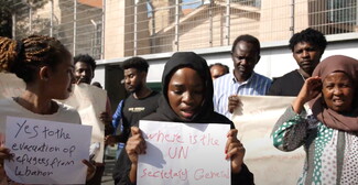 Sudanese woman protester outside UN ESCWA building
