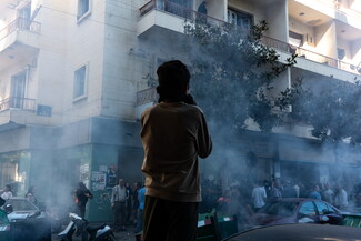 Displaced residents and their supporters block Hamra Street in protest of the decision to evict them from Hamra Star. Beirut, Lebanon. October 21, 2024. (Fatima Joumaa/The Public Source)