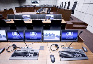 Computers inside the courtroom of the Special Tribunal for Lebanon in Leidschendam, Netherlands