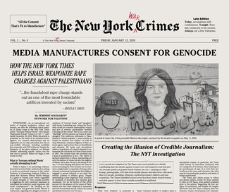 Front page of The New York War Crimes,Vol. I ., No. 4. Title reads "Media Manufactures Consent for Genocide."