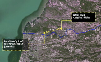 A map of Southern Lebanon showing the "location of guided tour for embedded journalists" and "site of Issam Abdallah's killing" to be 4 kilometers apart.