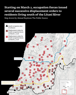 A monochrome map showing Lebanon from its southernmost border to just over the Litani River. The map title reads: "Starting on March 2, occupation forces issued several successive displacement orders to residents living south of the Litani River."