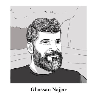 A drawing of martyred videographer Ghassan Najjar by illustrator Amy Chiniara.