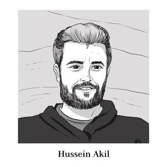 A drawing of martyred field producer Hussein Akil by illustrator Amy Chiniara.