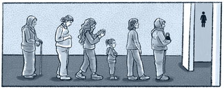 An illustration of people lined up outside of a bathroom line. Children are among them.