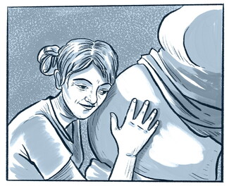 An illustration of someone with hair tied back pressing their ear to a pregnant abdomen.