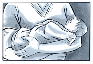 An illustration of someone carrying a baby, wrapped in a blanket.