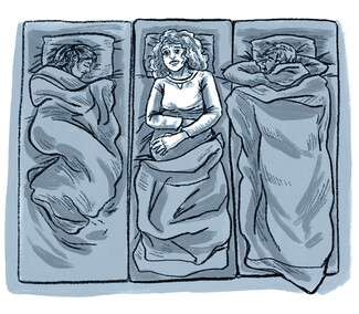 An illustration of asleep on a thin mattress. To the left and right are two other mattresses, on which two people sleep. The person in the center mattress is highlighted; they lie awake.