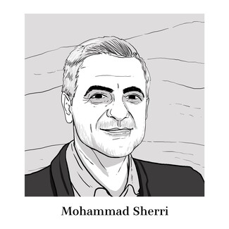 A drawing of martyred media worker Mohammad Sherri by illustrator Amy Chiniara.