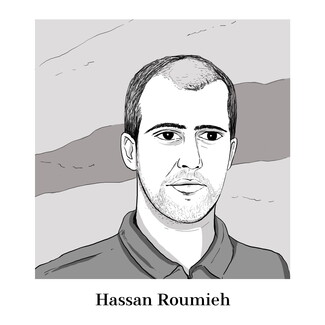A drawing of martyred media worker Hassan Roumieh by illustrator Amy Chiniara.