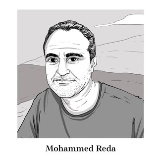 A drawing of martyred media worker Mohammed Reda by illustrator Amy Chiniara. 