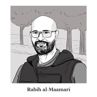 A drawing of martyred media worker Rabih al-Maamari by illustrator Amy Chiniara.