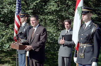 President Ronald Reagan stands at a wooden podium speaking during an outdoor event on October 19, 1982. He is wearing a dark brown pinstripe suit and a striped tie. Behind him to the left, a US military honor guard member stands at attention holding the American flag. To the right, Lebanese President Amin Gemayel stands smiling in a gray double-breasted suit while holding a black folder. On the far right, another military honor guard member holds the Lebanese flag against a backdrop of lush green trees.