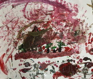 An expressive acrylic painting on paper with heavy red, pink, and dark brown brushstrokes depicting a chaotic, fire-damaged landscape with burnt structures.