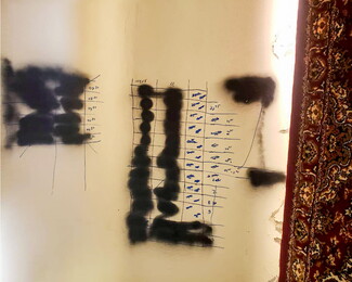 A close-up shot of an interior white wall vandalized with black spray paint. The wall features hand-drawn grids with time markings and small doodles of fighter jets drawn in blue ink. Broad strokes of black spray paint heavily censor and cross out columns of the handwritten charts. A section of a decorative red and gold patterned rug is visible along the right edge of the frame.