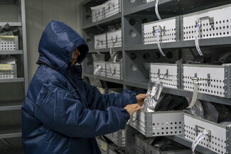 A person wearing a thick, hooded dark blue winter jacket checks rows of white storage bins organized on metal shelving units inside a cold room facility.