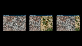Three side-by-side screenshots of satellite imagery mapping. Each image is labeled “Aitaroun, South Lebanon” in the top-left corner and features Hebrew text alongside Telegram, X, and WhatsApp icons in the top-right corner. The center panel shows a split-screen slider view comparing two different periods: Aitaroun before and after Israeli destruction.