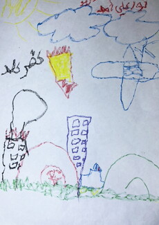 A child's drawing with the Arabic text for "Kafarkela," depicting a military aircraft, a falling rocket, a burning building, and green tents.