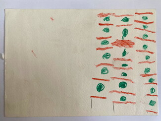 A simple crayon drawing on textured cream paper showing rows of green circular dots separated by horizontal, wavy red lines on the right side.