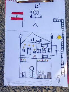A child's notebook sketch showing a stick figure with a Lebanese flag above a detailed cross-section of a house labeled "The House" in Arabic.
