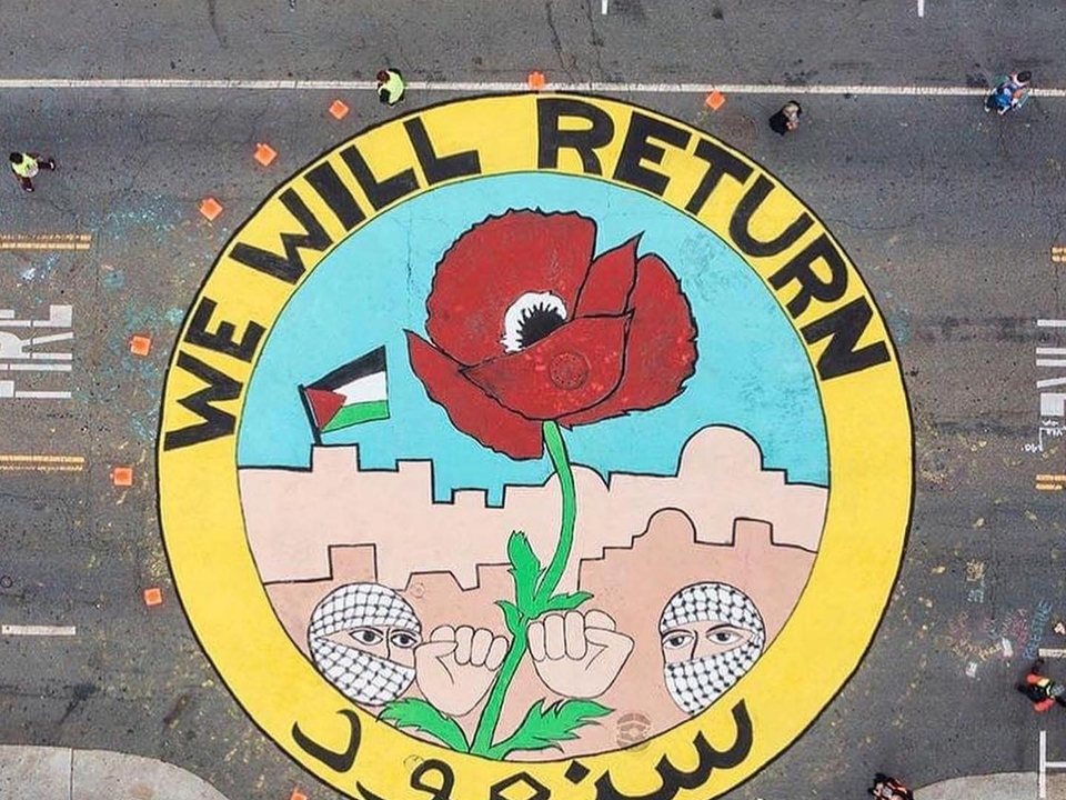 Members of the Palestinian Youth Movement paint a mural in San Francisco asserting their right of return ahead of Nakba Day. It reads "We Will Return" in English and Arabic. California, USA. May 17, 2021. (Source: Chris Gazaleh)