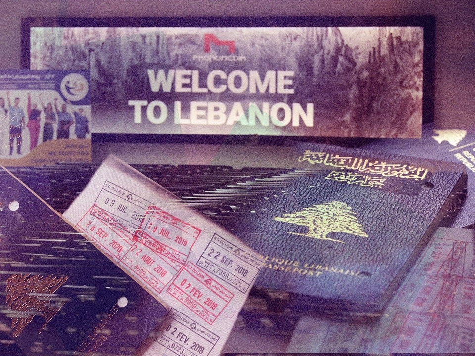 Composite of images taken of Lebanese passports and of the Beirut International Airport.