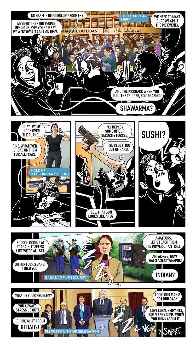 A comic strip split into six panels. The panels show protests, bank holdups, security forces, and a press conference in the background, with politicians watching these scenes and plotting in the foreground.